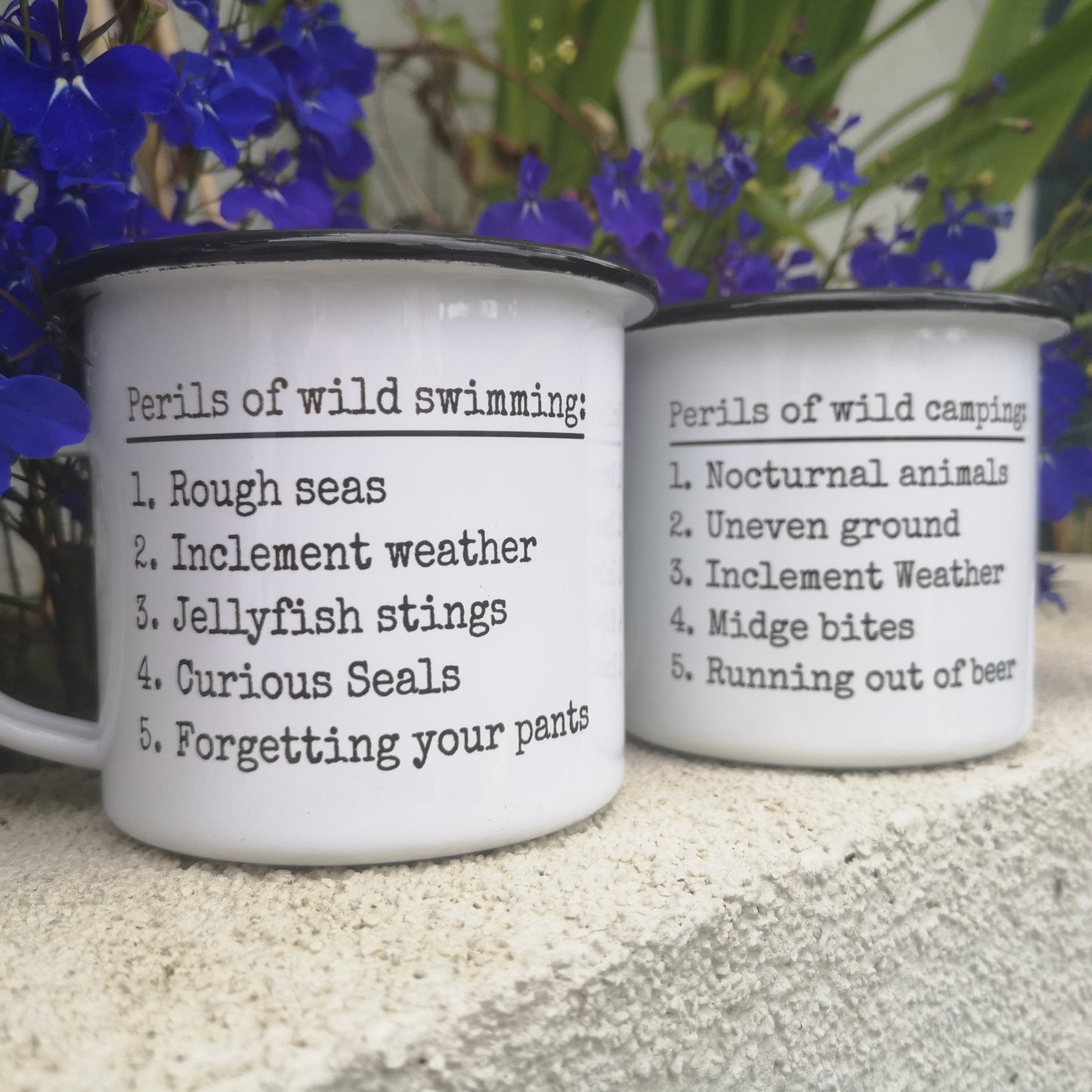 A photo of the Perils of Wild Swimming and Perils of Wild Camping mugs
