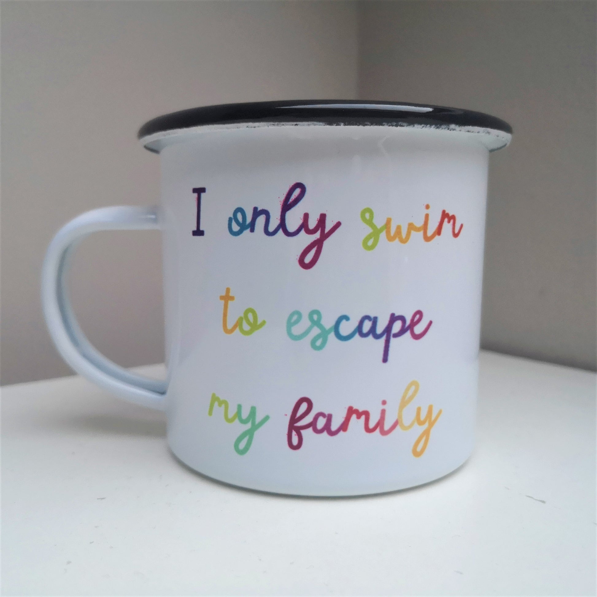 A steel enamel cup for your after-swim tipples, with a choice of 3 confessions in colourful rainbow text.  This mug has the following excuse - I only swim to escape my family